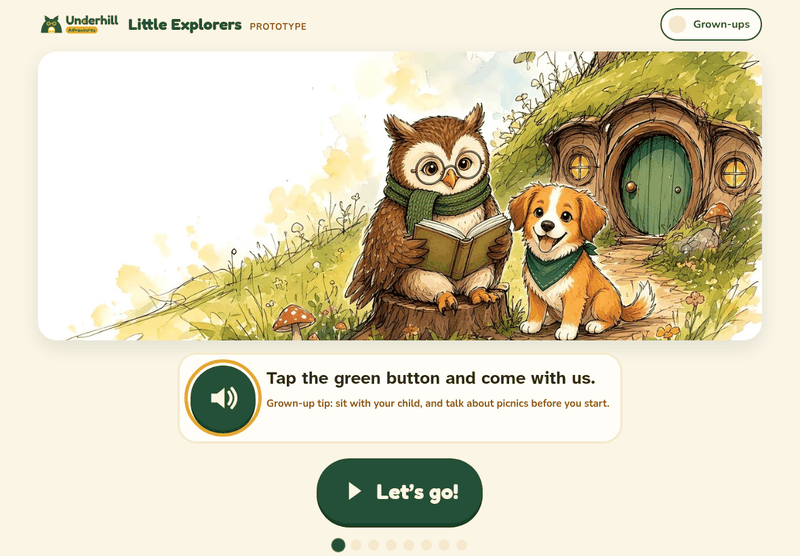 Little Explorers early example: the title screen of The Windy Picnic. Oli the owl reads a book on a tree stump next to Ru the puppy, outside a round green door in a grassy hill, with a large green ‘Let’s go!’ button below.