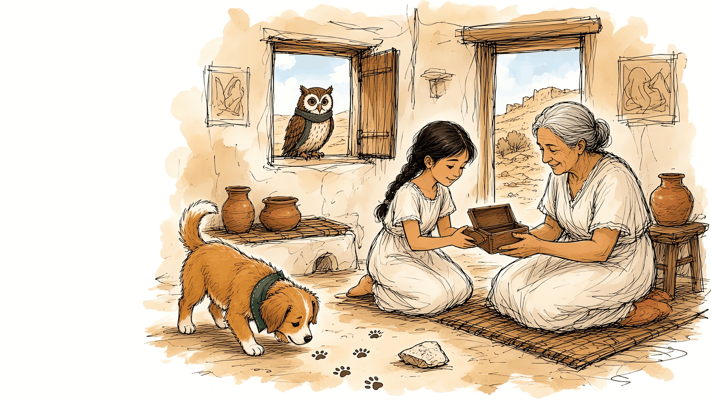Meri and her grandmother kneel on a mat holding a wooden box. Ru sniffs paw prints; Oli peeps through the window.